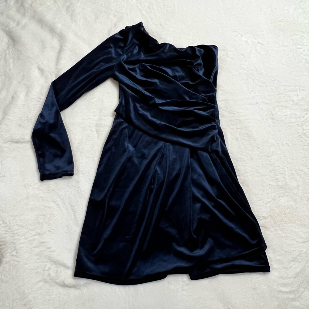 One Sleeve Blue Velvet Dress